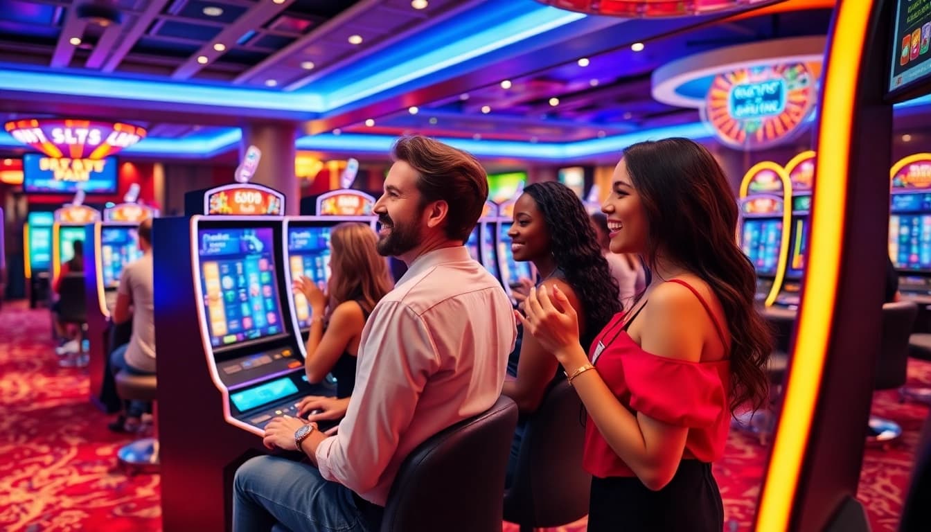 Players enjoying idnslot machines in a luxurious casino atmosphere filled with excitement.