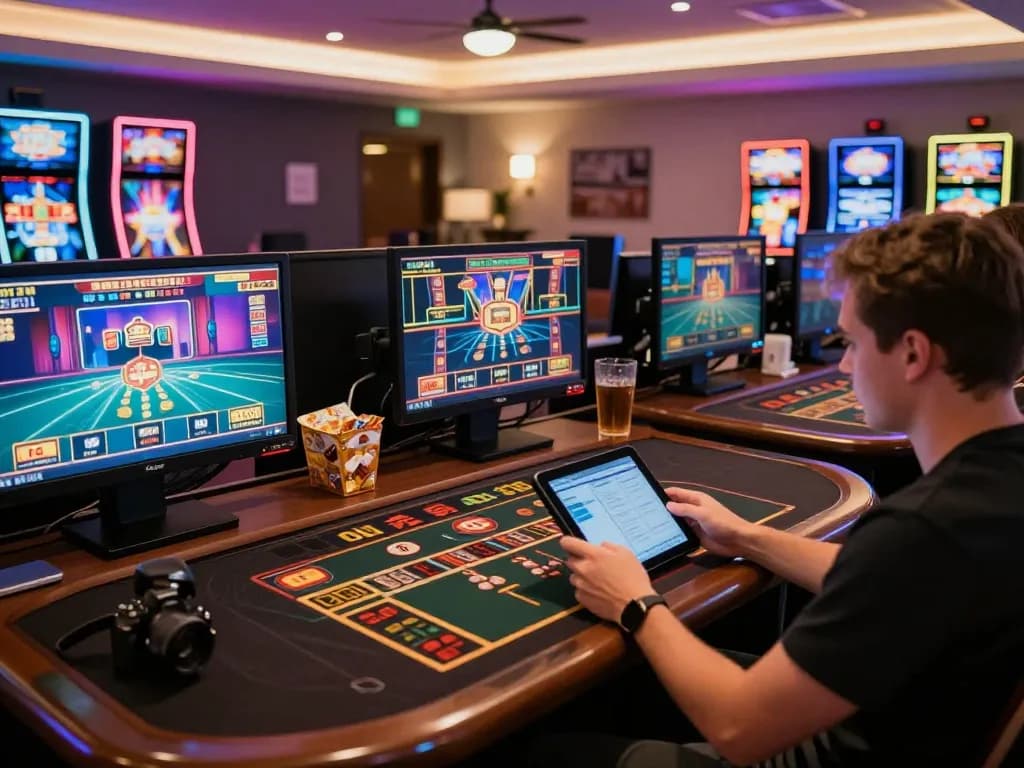 Engaging in online casino games at TR88, showcasing strategic betting choices with multiple screens and vibrant setup