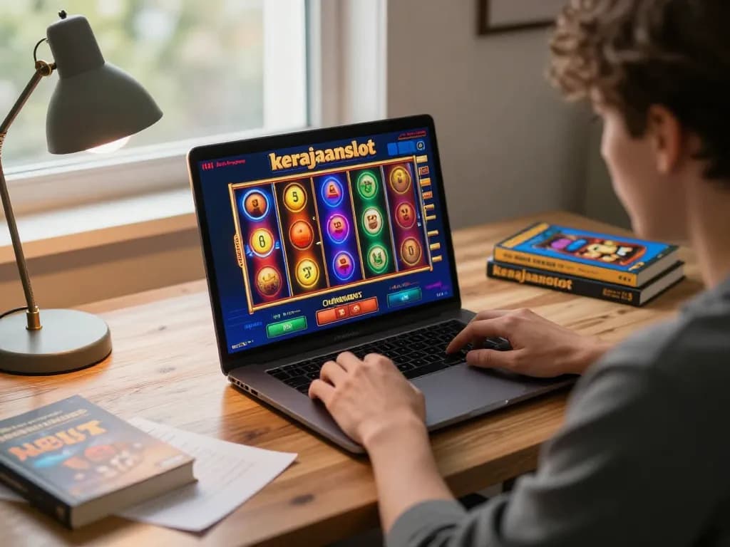 Engaging in online slot games on kerajaanslot platform in a cozy home setting.