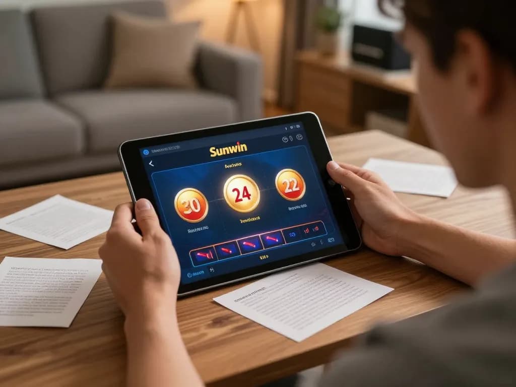 Player engaging with Sunwin app on tablet in a cozy home setting while planning strategy.
