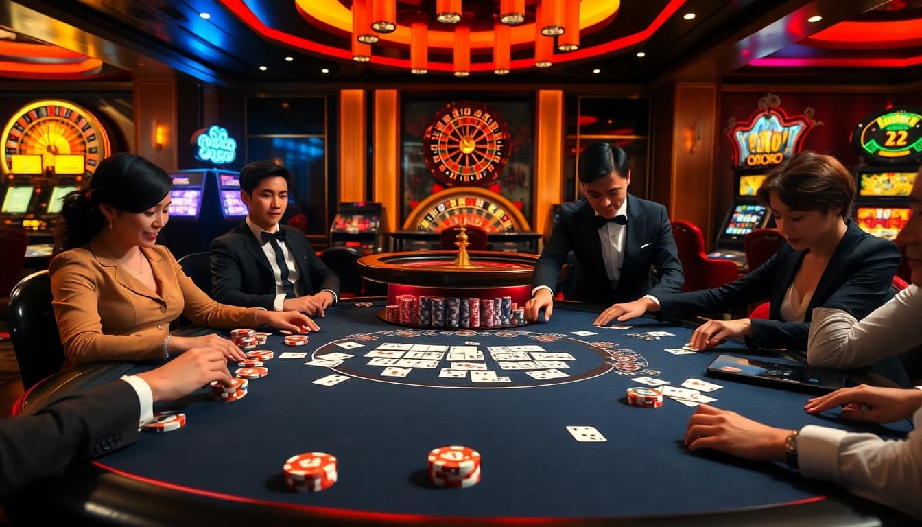 Lô Đề Trực Tuyến action with glamorous poker players and vibrant gaming tables in an upscale casino.
