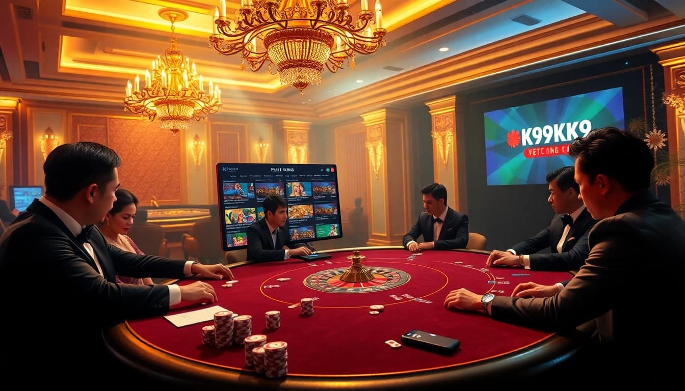 K9K9 online casino players engaging in a high-stakes poker game surrounded by vibrant chips and a roulette wheel.