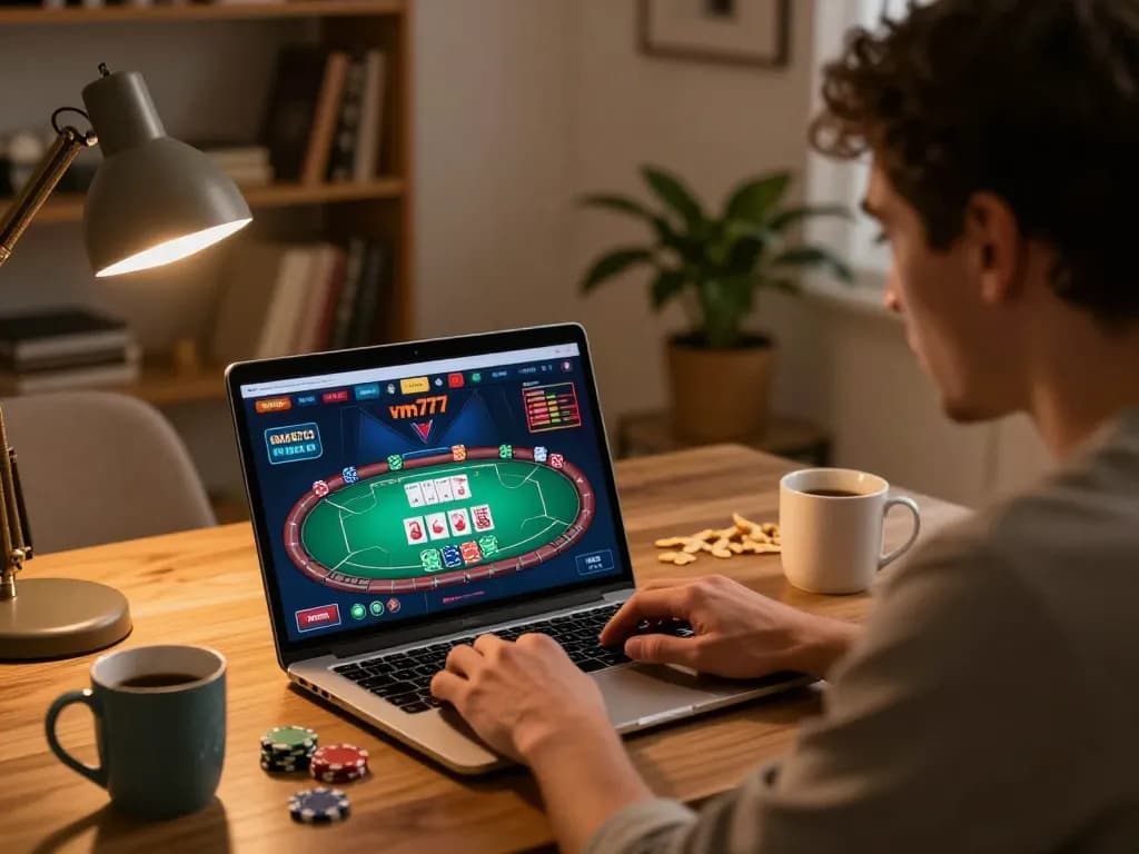 Pemain yang terlibat menggunakan vm777 untuk poker online, suasana rumah yang nyaman dengan pencahayaan hangat.