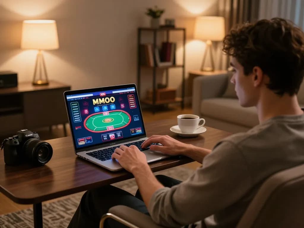 Player enjoys a thrilling poker game on MMOO from a cozy home setup, showcasing strategic approach and engagement.