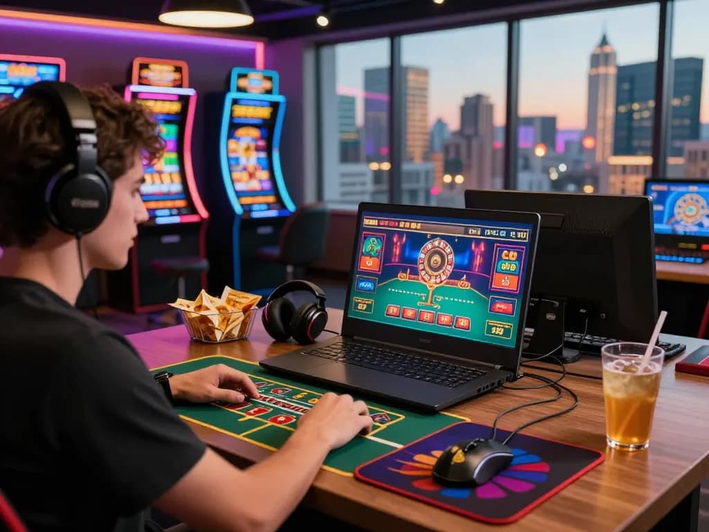 Engaged player enjoying online casino games on 32win laptop with vibrant graphics.