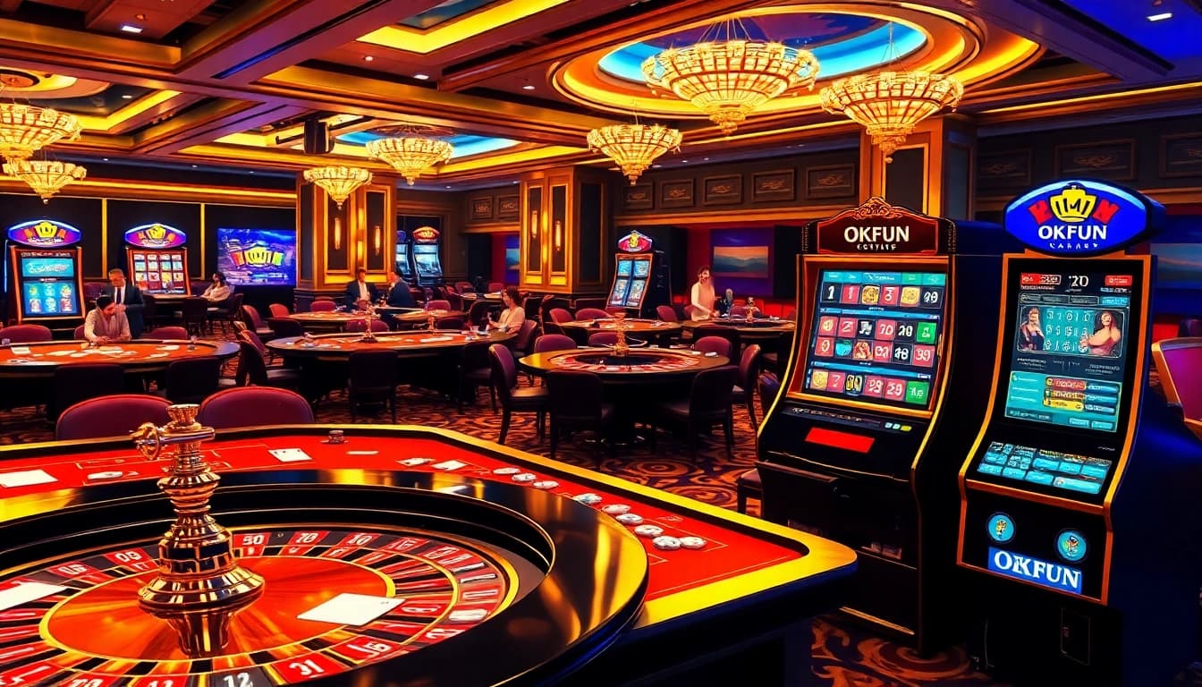 Gamblers experiencing the excitement of OKFUN in a high-stakes casino atmosphere with dynamic tables and slots.