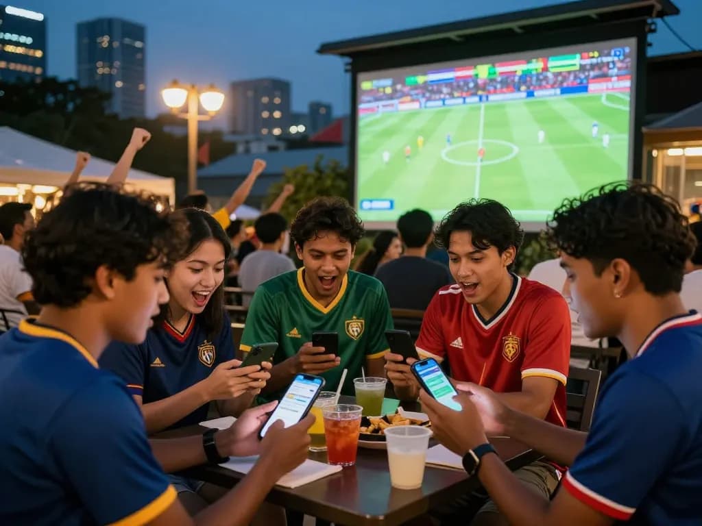 Suasana luar ruang yang menarik dari teman-teman merayakan judi bola online sambil menonton pertandingan sepak bola secara langsung.