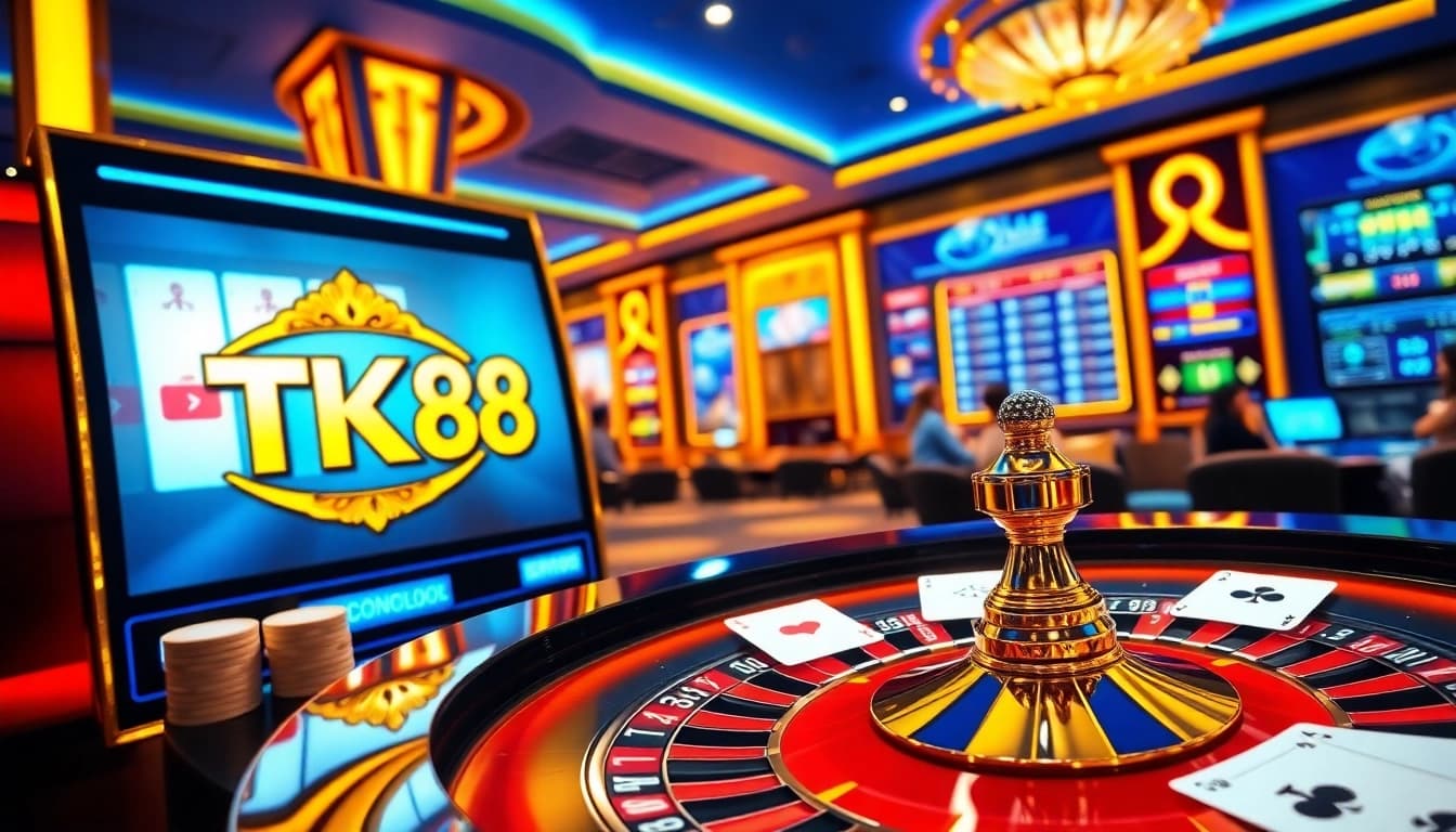 TK88 players engaging with a luxurious casino table and vibrant slot machines.