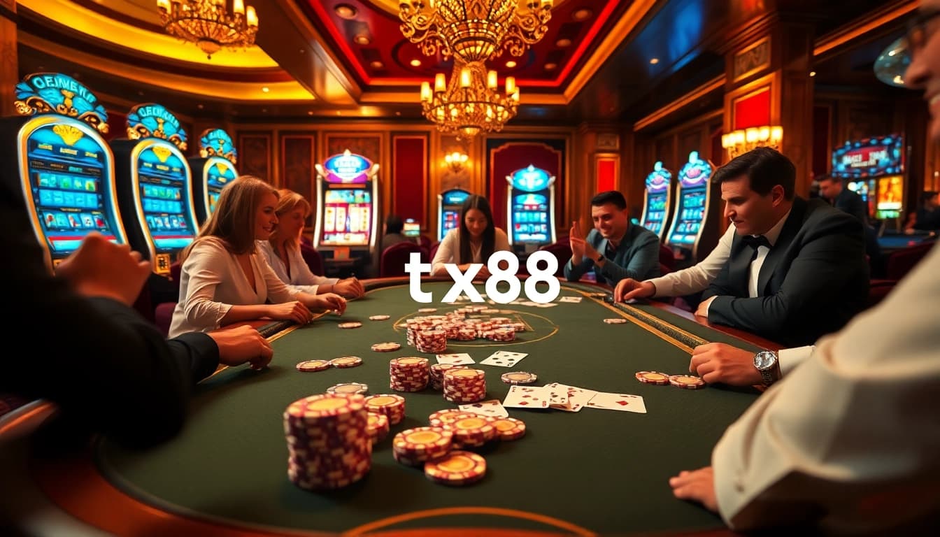 Players strategizing at a lavish poker table, where tx88 gameplay intensifies with every round.