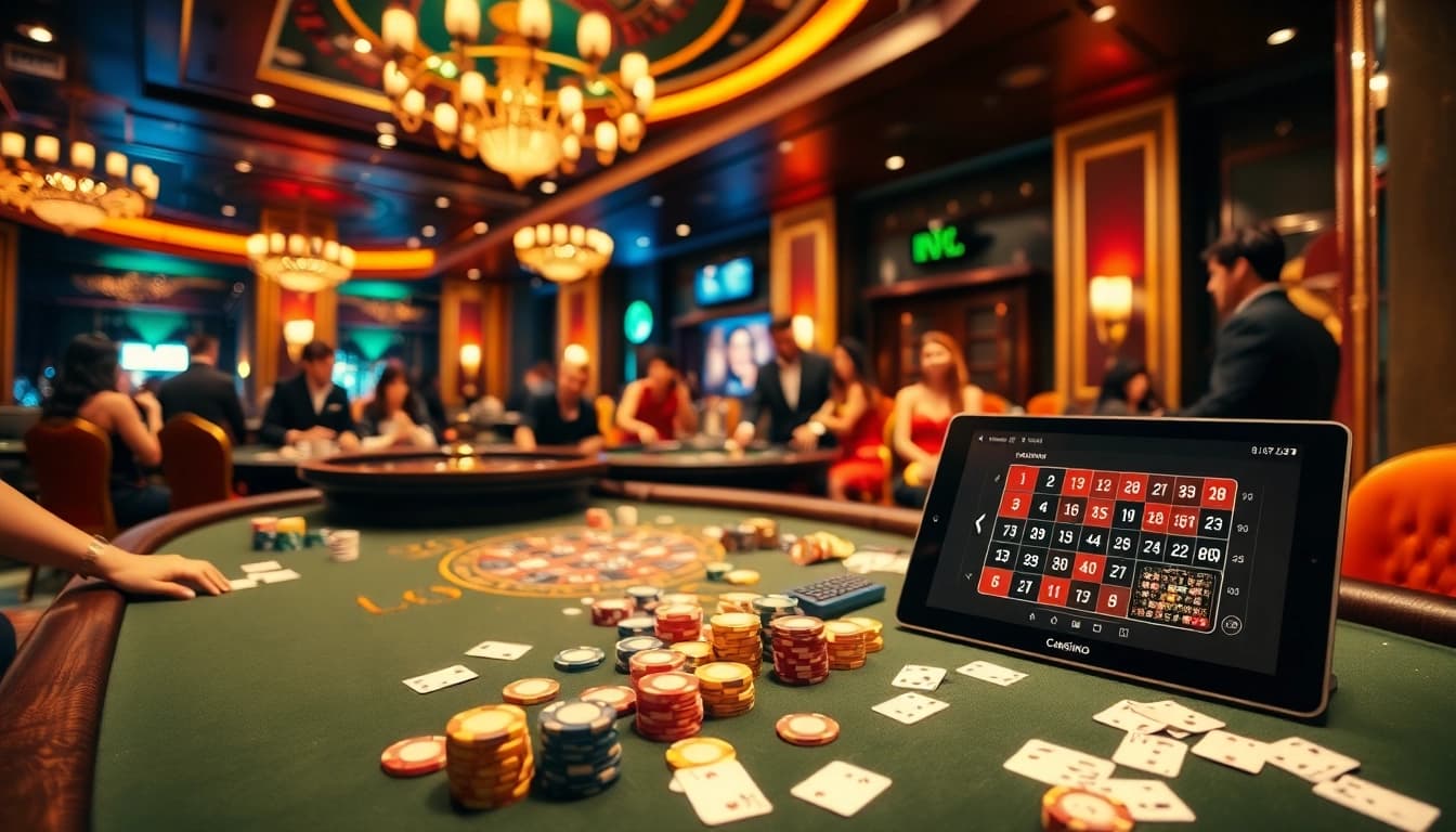 J88 casino experience with poker tables and vibrant casino atmosphere.