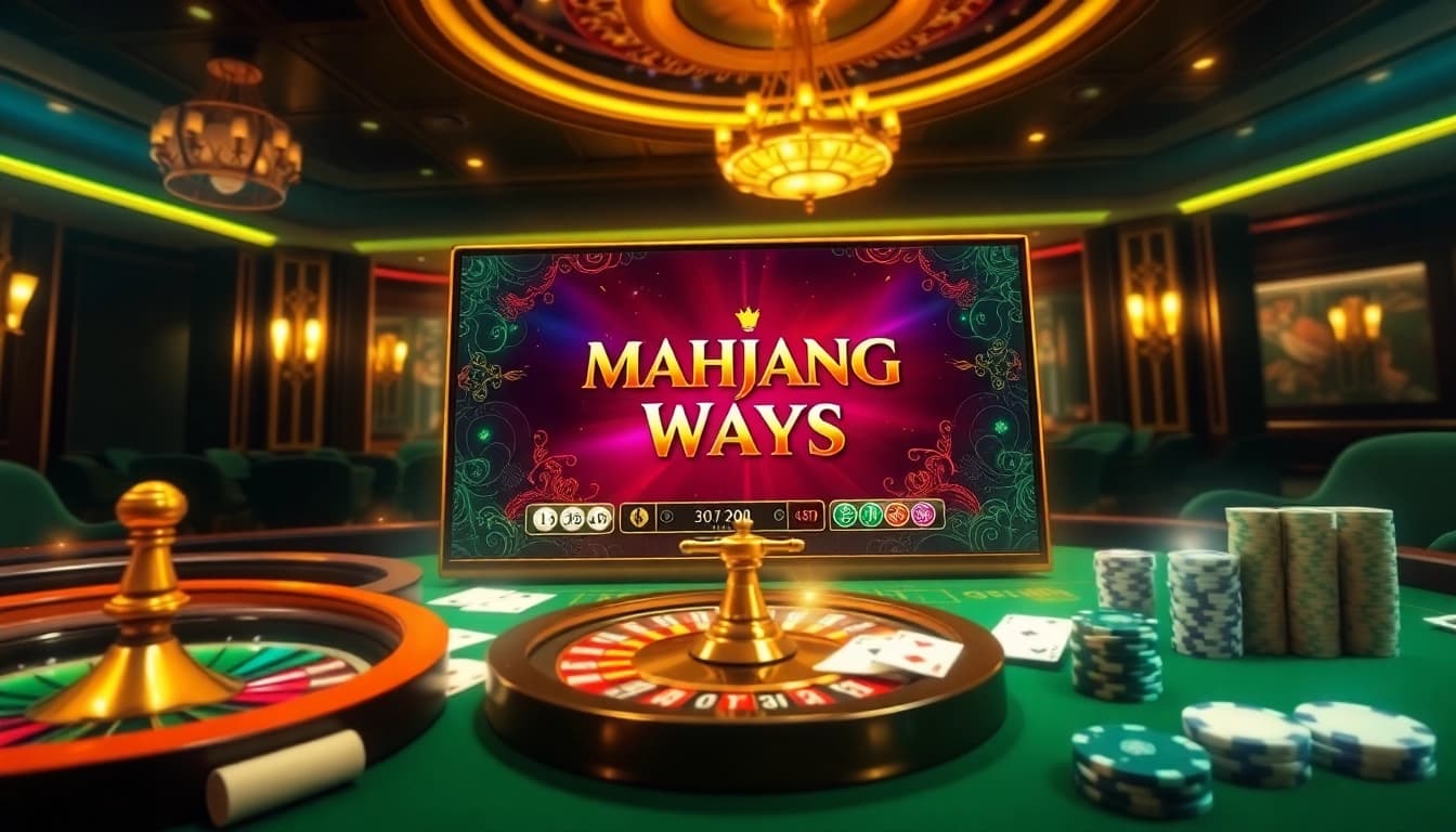 Play Mahjong Ways by PG Soft amidst vibrant casino ambiance featuring roulette and poker chips.