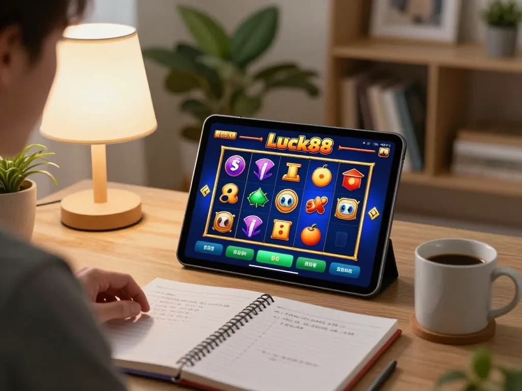 Engaging scene of luck88 online slot gameplay on a tablet, illustrating strategy and comfort in home gambling.