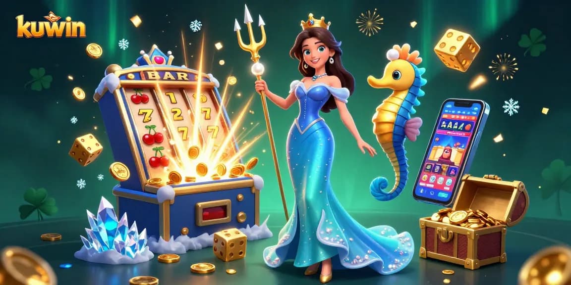 Kuwin’s thrilling jackpot adventure illustrated with a woman, seahorse king, and vibrant casino elements.