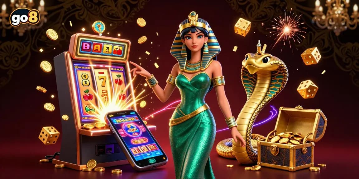 Win big with go8 at this festive online casino illustration featuring vibrant game elements and glamorous characters.