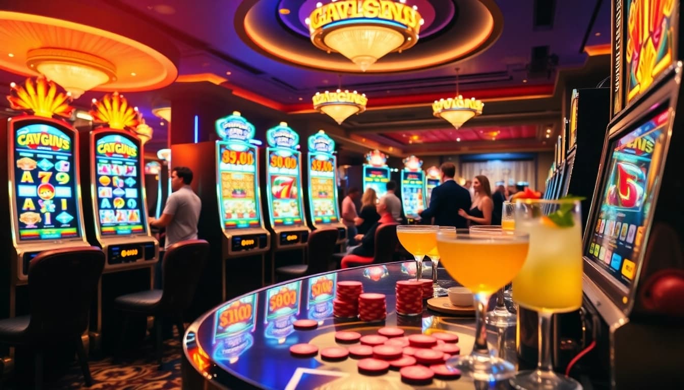 Players enjoying engaging slot games in a luxurious casino setting with vibrant machines.