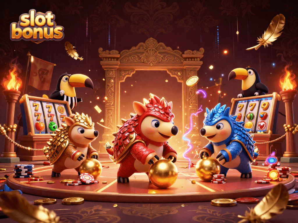 Experience thrilling slot bonus action as pangolins compete with vibrant casino elements.