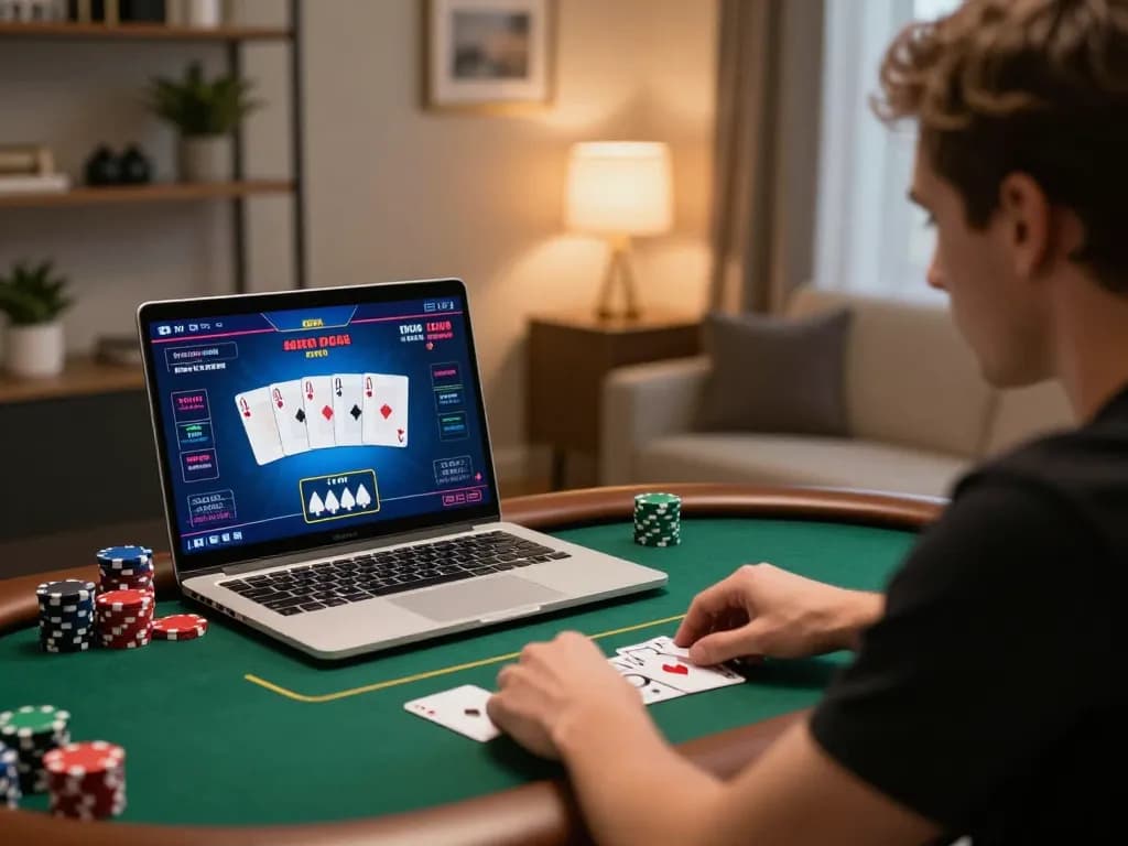 GEMWIN player strategizing in an engaging online poker game at home, stylish setup.