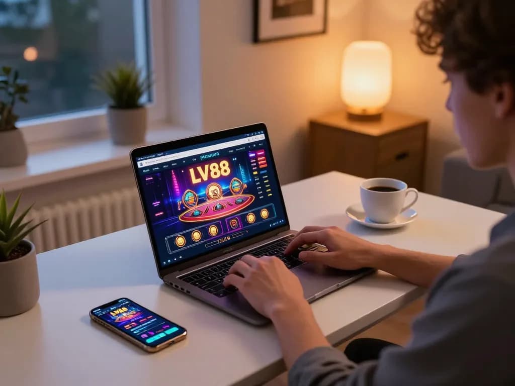 Engaging scene of online gambling at LV88, showcasing a player focused on their laptop with casino interface displayed.