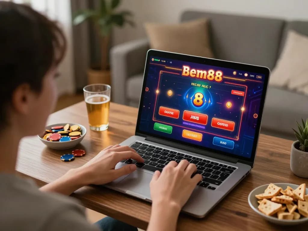 Person enjoying virtual gameplay on bem88 platform, showcasing engaging online gambling session.