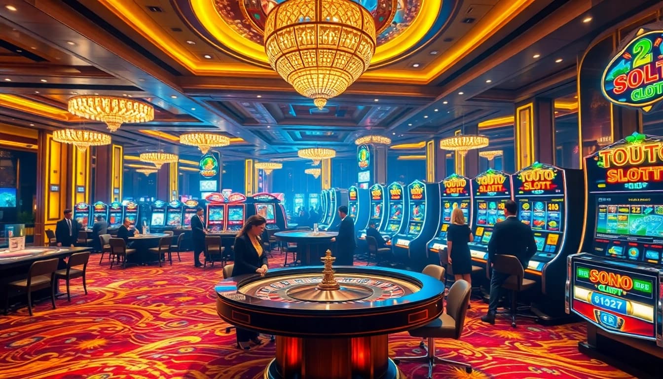 Menarik pemain di mesin 'toto slot' dalam suasana kasino glamor yang penuh dengan kegembiraan.