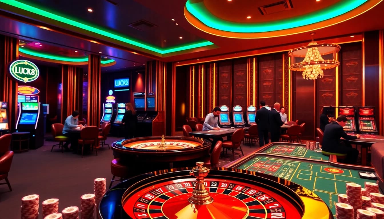 LUCK8 engaging players at a vibrant casino table, showcasing excitement and high-stake betting.
