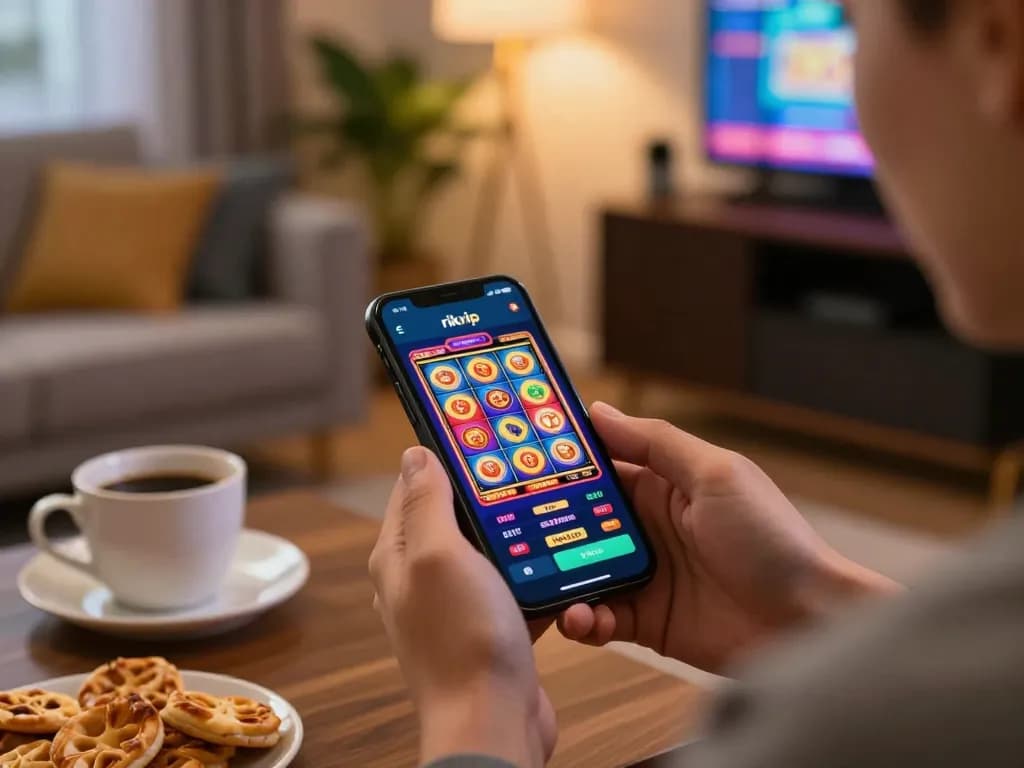 Enjoying online gaming on the rikvip app while relaxing at home, showcasing vibrant slot graphics and cozy atmosphere.