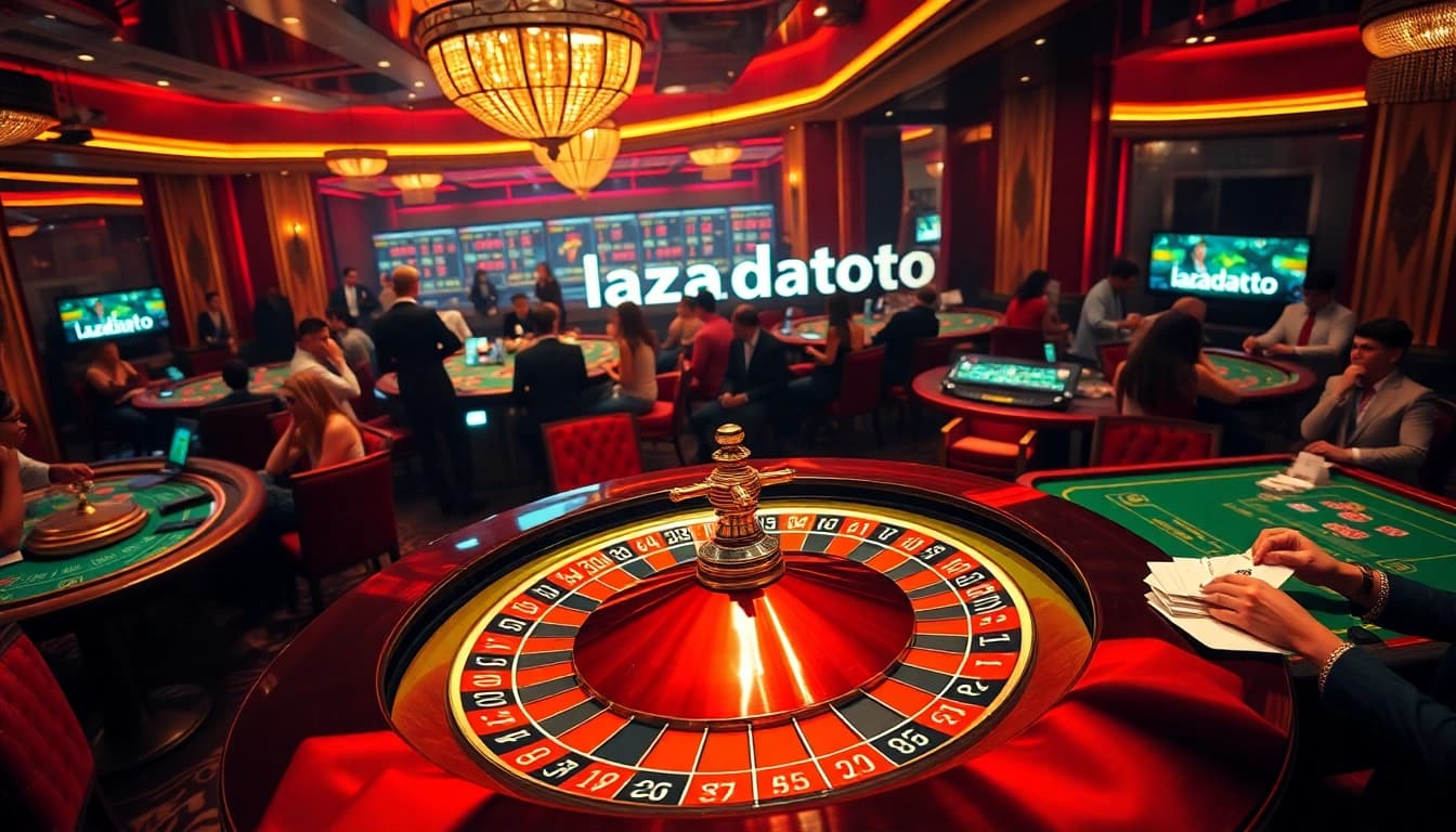 Lazadatoto digital gambling experience filled with poker chips, roulette wheel, and atmospheric vibes.