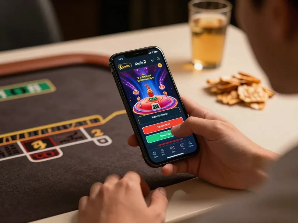 Kuwin 2 player engaging in online casino gaming, enjoying live dealer action on smartphone in cozy home setting.