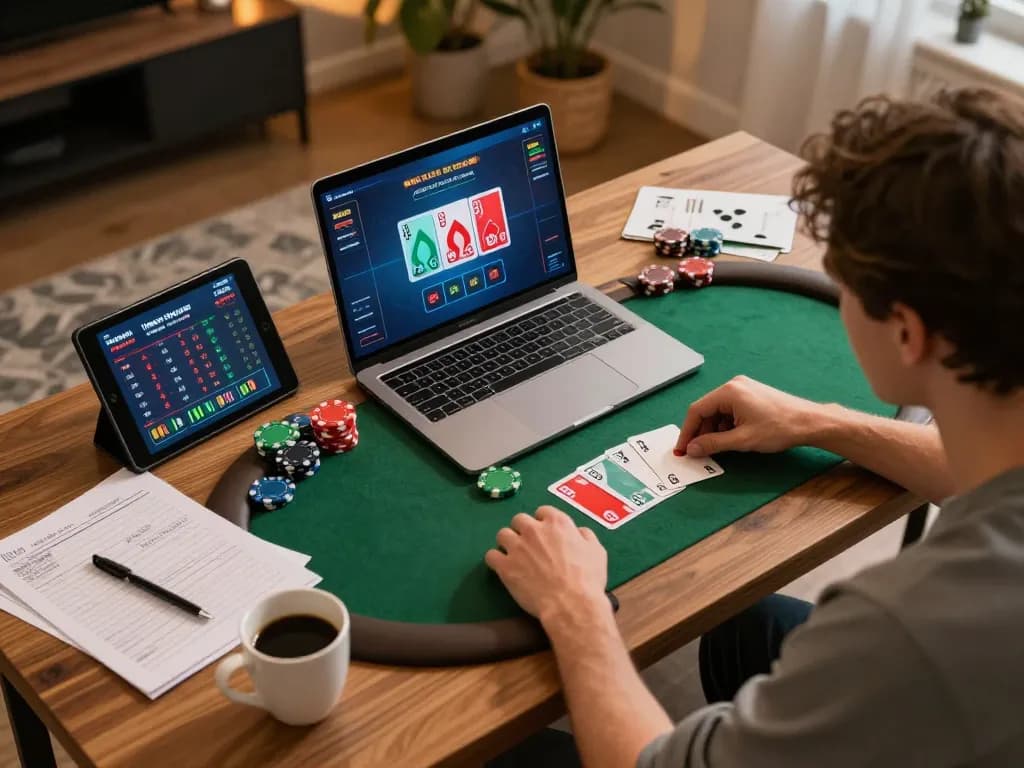 Engaged player strategizing in online poker at Qh88 com with chips and cards on screen.