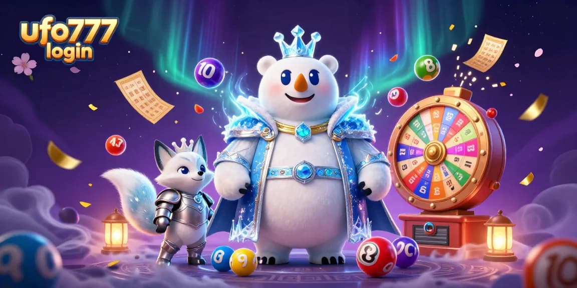 Play and win with ufo777 login in this vibrant lottery-themed casino illustration.