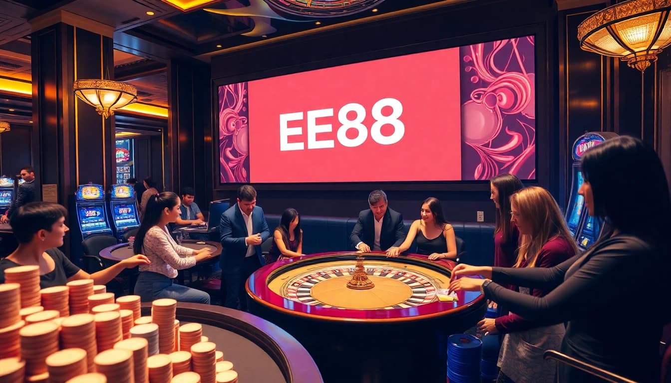 Experience the excitement of EE88 casino with engaging players at roulette and slot machines.
