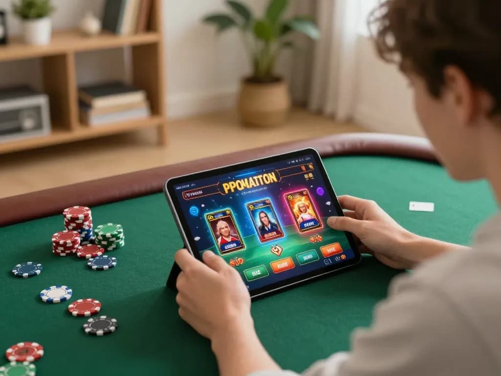 Player enjoying F8BET mobile gaming experience in a cozy home setting, vibrant graphics on screen.