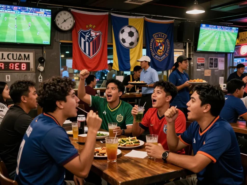 Friends enjoying Judi Bola betting while watching a live football match in a lively sports bar atmosphere.