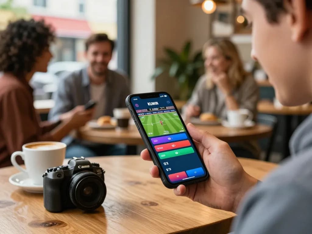 Engaging scene of betting on the KUWIN app from a smartphone in a busy cafe environment.