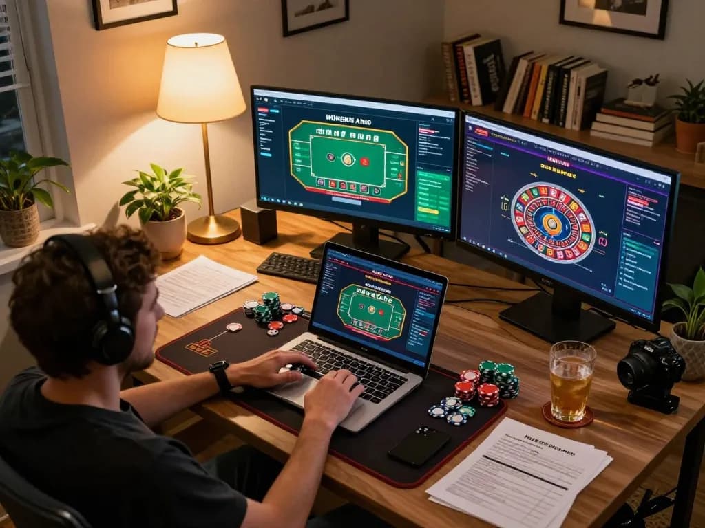 Engaged player enjoying Win138 online live dealer game setup in cozy home office.