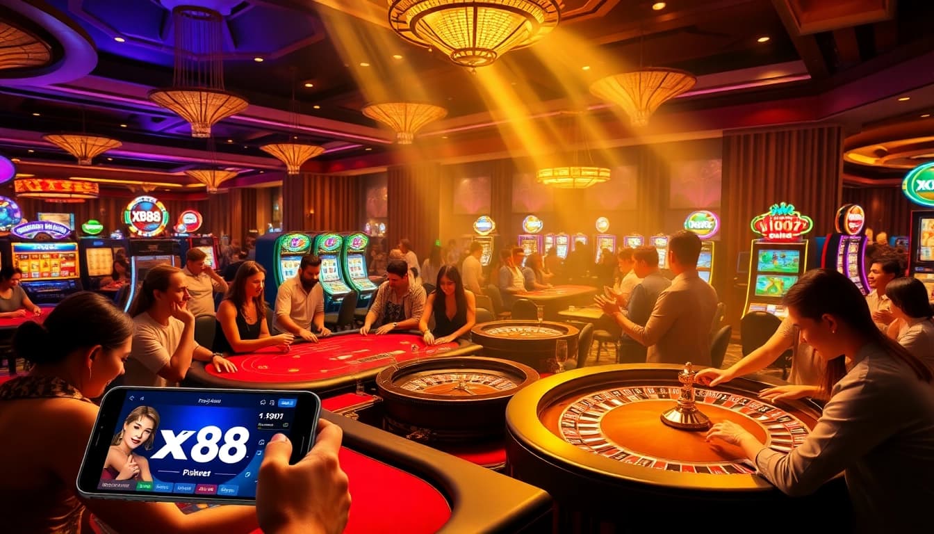 Engaged gamblers exploring the x88 app at a vibrant casino.