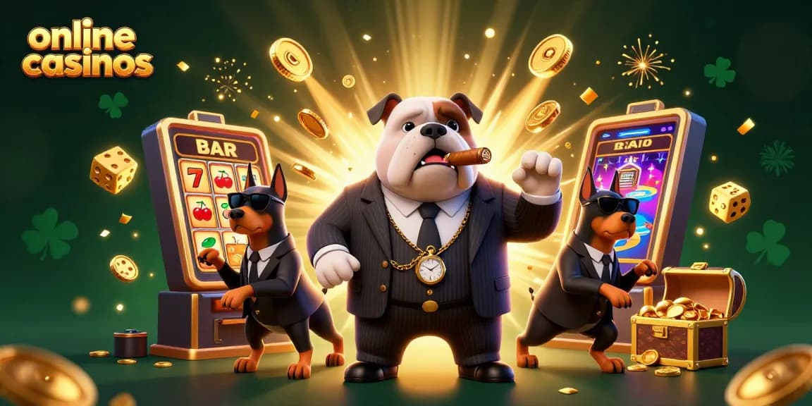 Engaging 3D illustration of online casinos featuring a mafia bulldog and Dobermans amidst slot machines and colorful gaming elements.