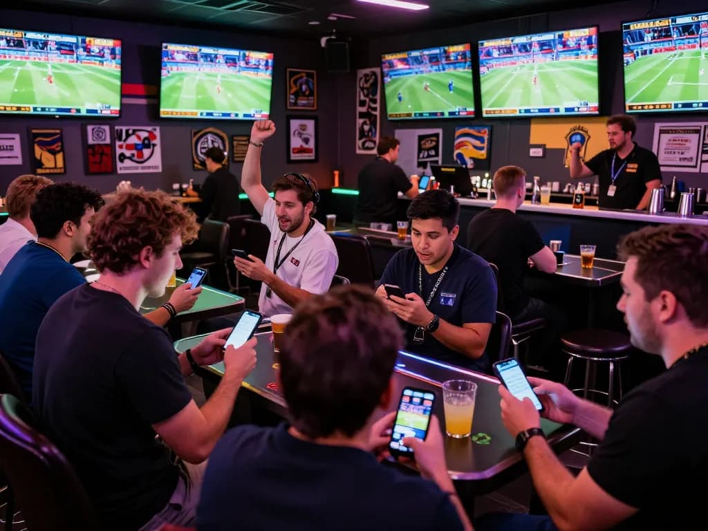 Bsport bettors analyzing odds in a lively sports betting lounge with large screens