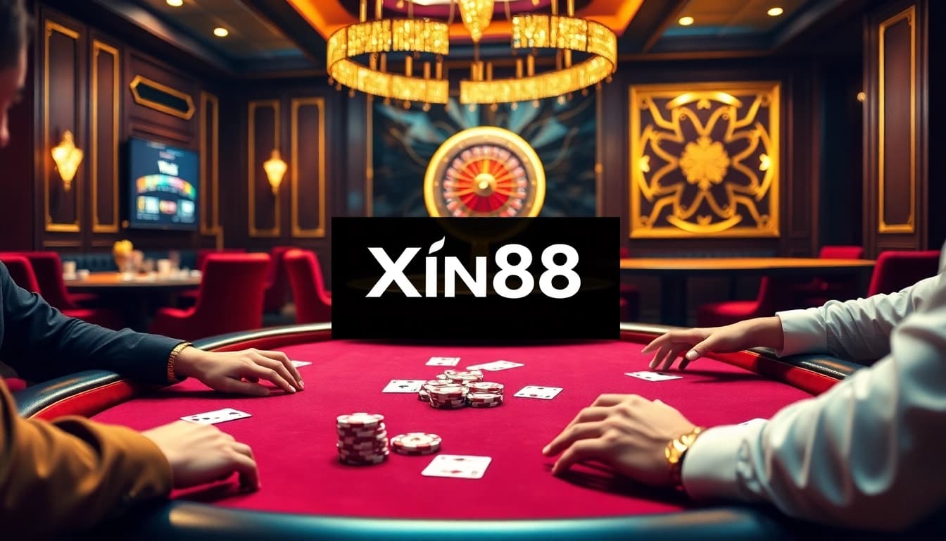 Players at a Xin88 poker table, showcasing a high-stakes atmosphere with casino chips and cards.