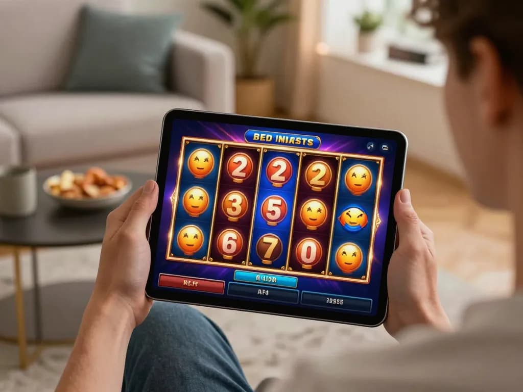Player enjoying online slot 5k gaming on a tablet, colorful reels spinning with excitement.