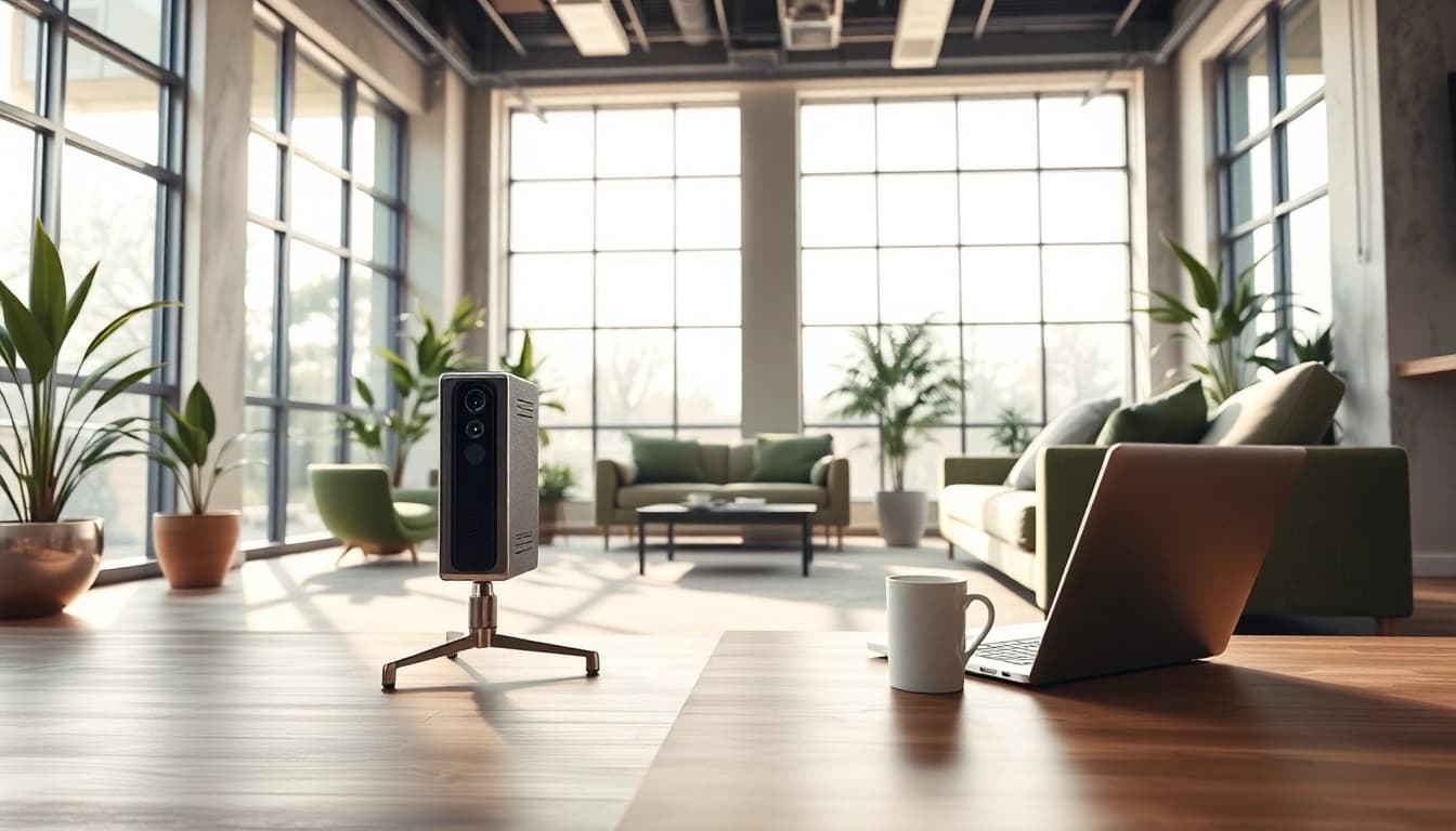 Showcase the AT99 device in a sleek office environment, highlighting modern design and productivity.