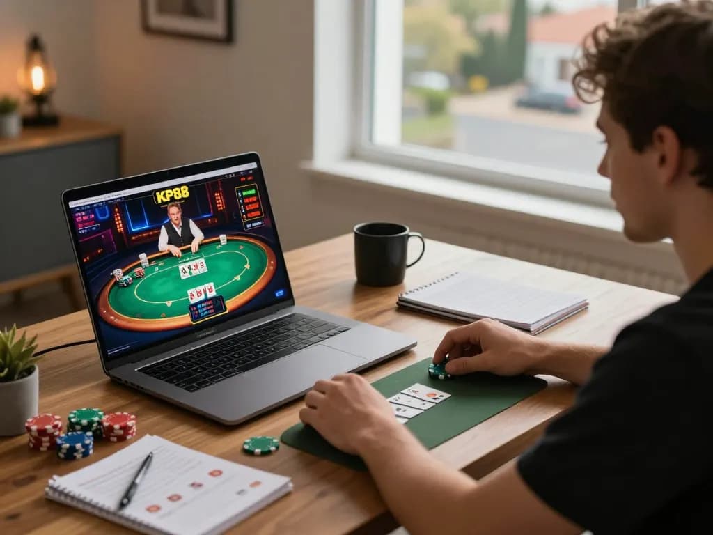 Player engaging in KP88 online poker with strategy notes and chips on a modern gaming desk.