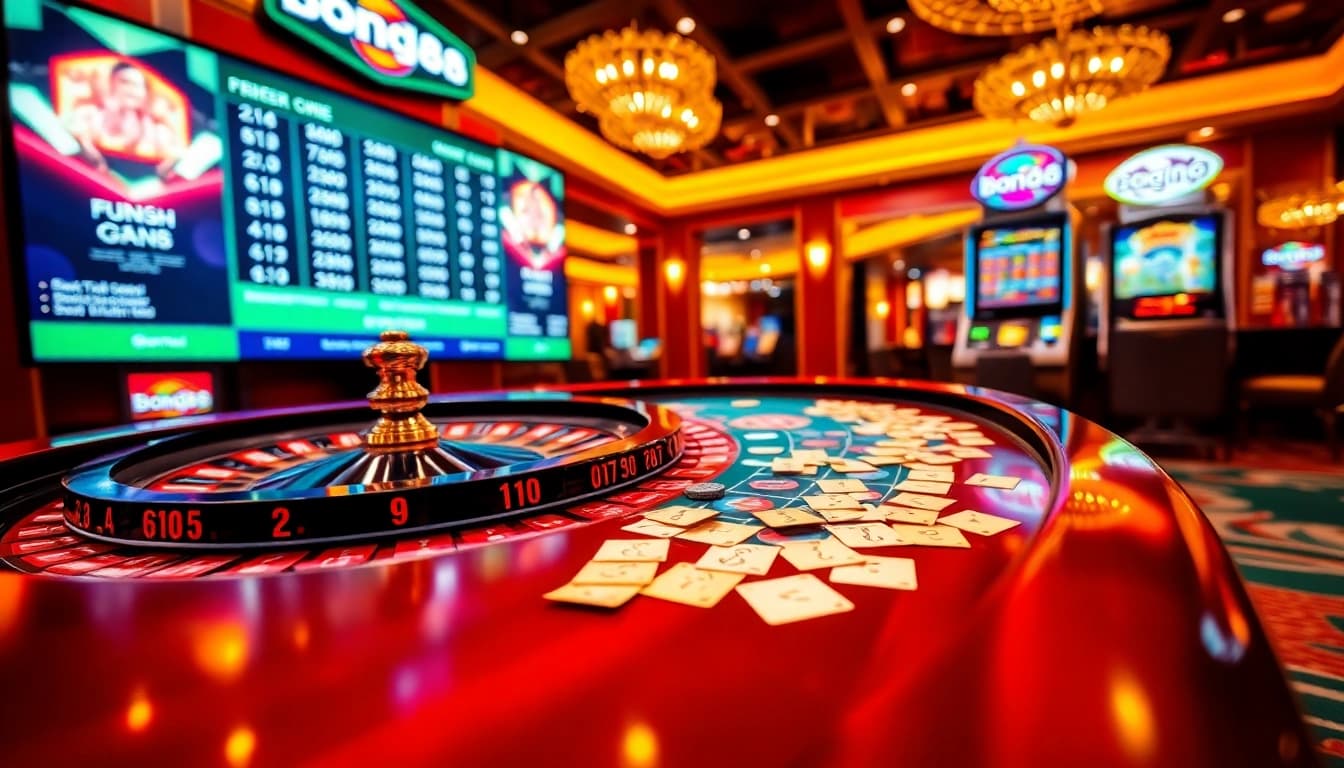 Bong88 soi kèo hôm nay showcases a thrilling casino setup with a roulette table and dynamic betting screens.