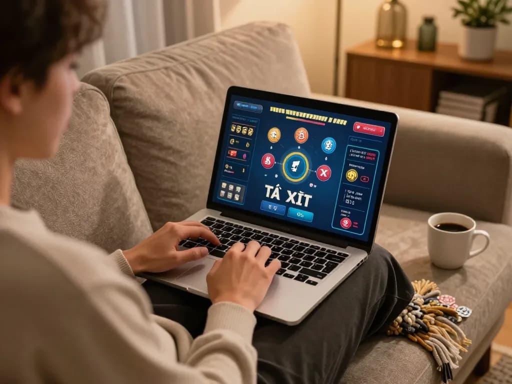 Tài xỉu online gameplay on a laptop in a cozy living space, showcasing strategic betting action.