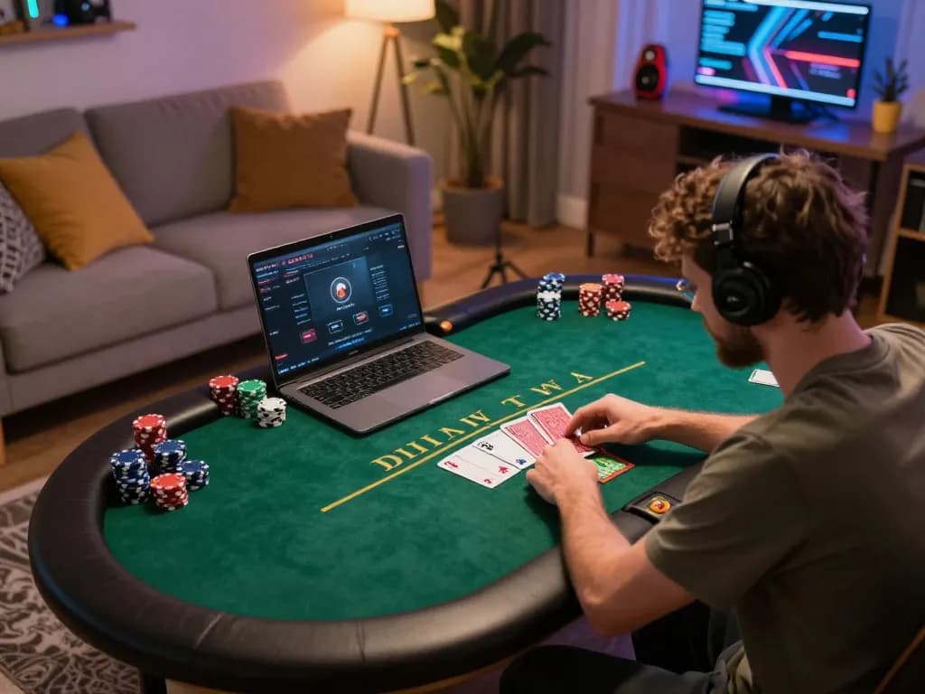 NK88 player engaging in a thrilling online poker game with chips and cards.
