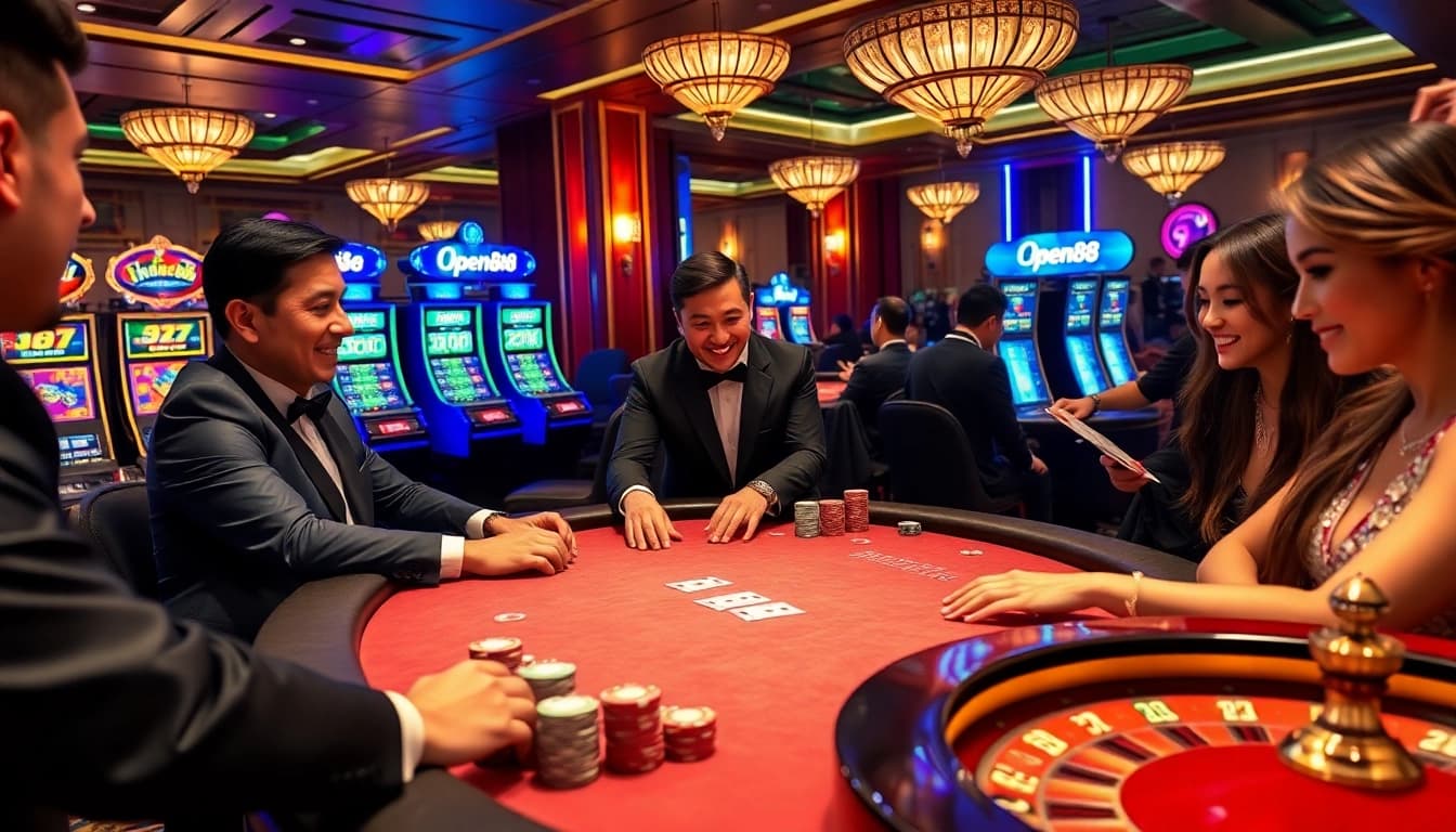 Players engaging in a vibrant poker game at the luxurious Open88 casino, surrounded by chips and cards.