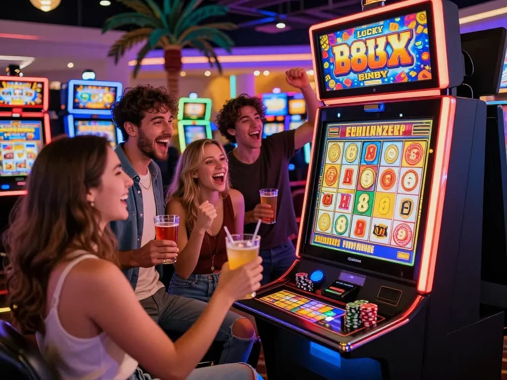 Players enjoying the Lucky 88 slot machine amid vibrant casino lights and excitement.