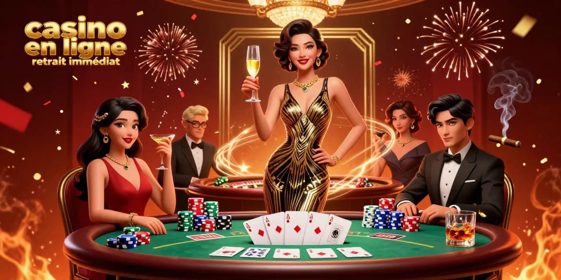 Vivez l'excitation du casino en ligne retrait immédiat avec cette scène de jeu élégante alliant luxe et stratégie.