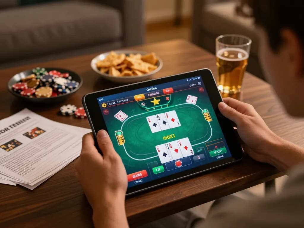 Engaging in online poker gaming on LV88 with tablet displaying game framework and strategy notes.