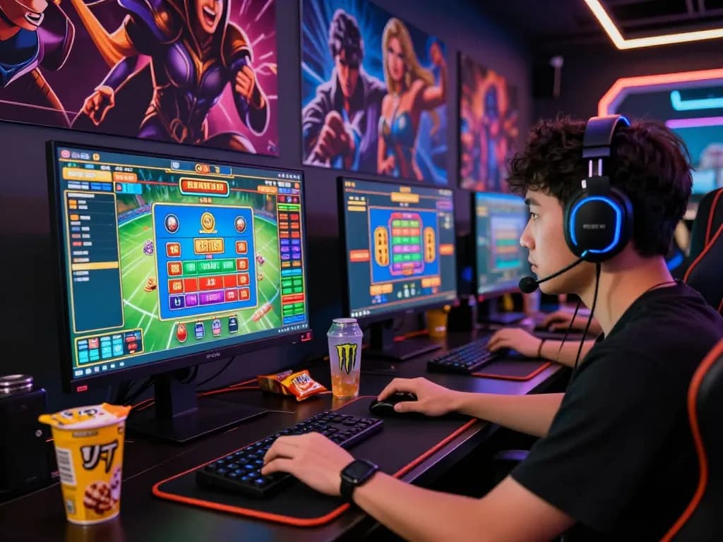 Intense gamer engaging with the KUWIN platform in a lively gaming setup.